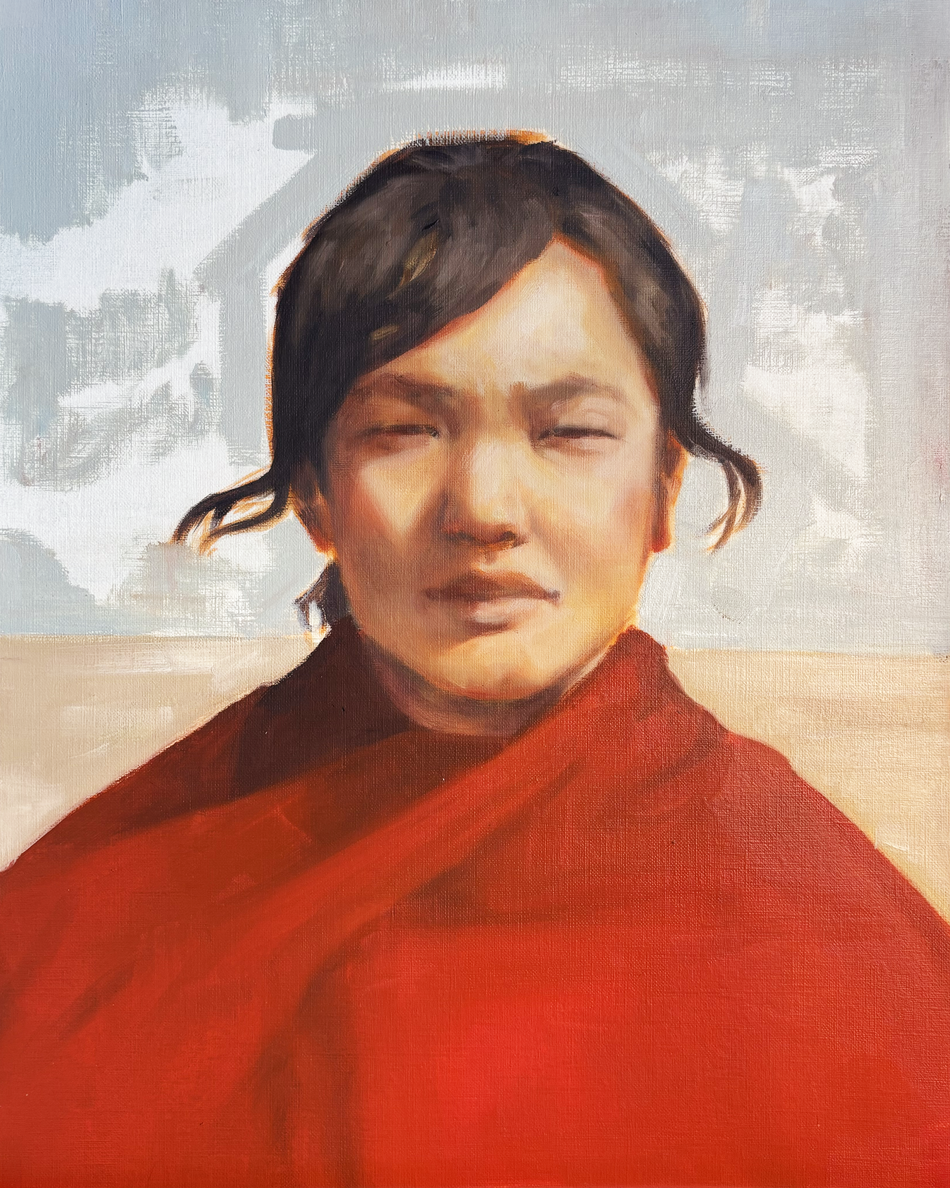Oil portrait of Augustine in red, by Paloma Ahuja Cue