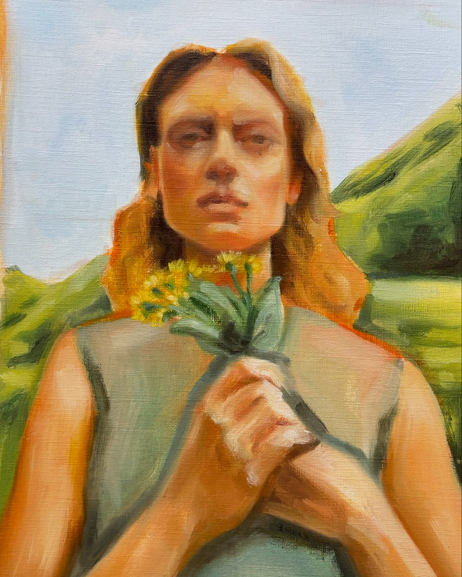 Oil portrait of Elouise holding yellow flowers, by Paloma Ahuja Cue