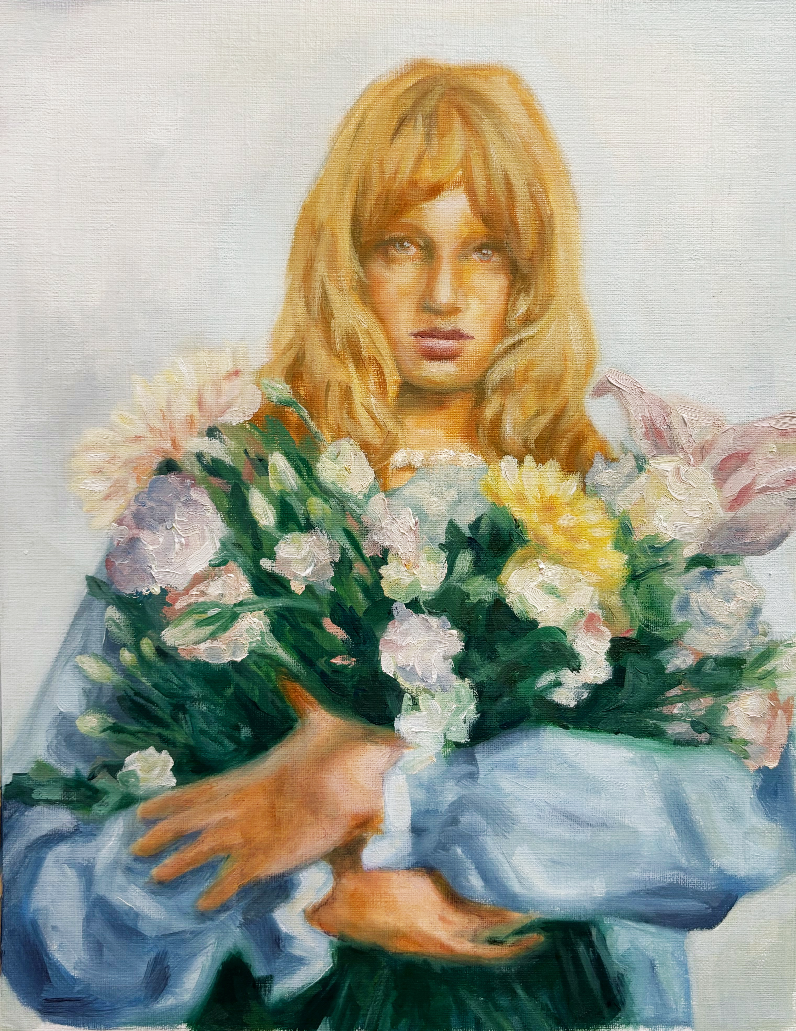Oil portrait of Gloria holding a large bouquet of flowers, by Paloma Ahuja Cue