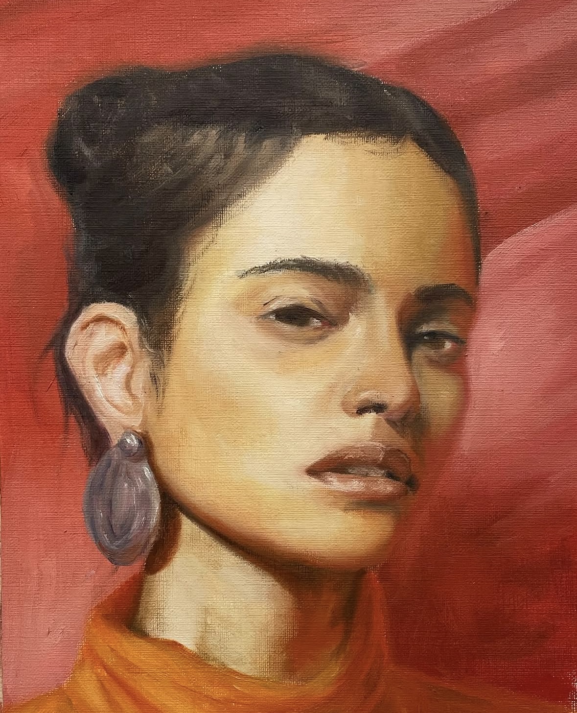 Oil portrait of Dorothea in a quiet gesture, by Paloma Ahuja Cue