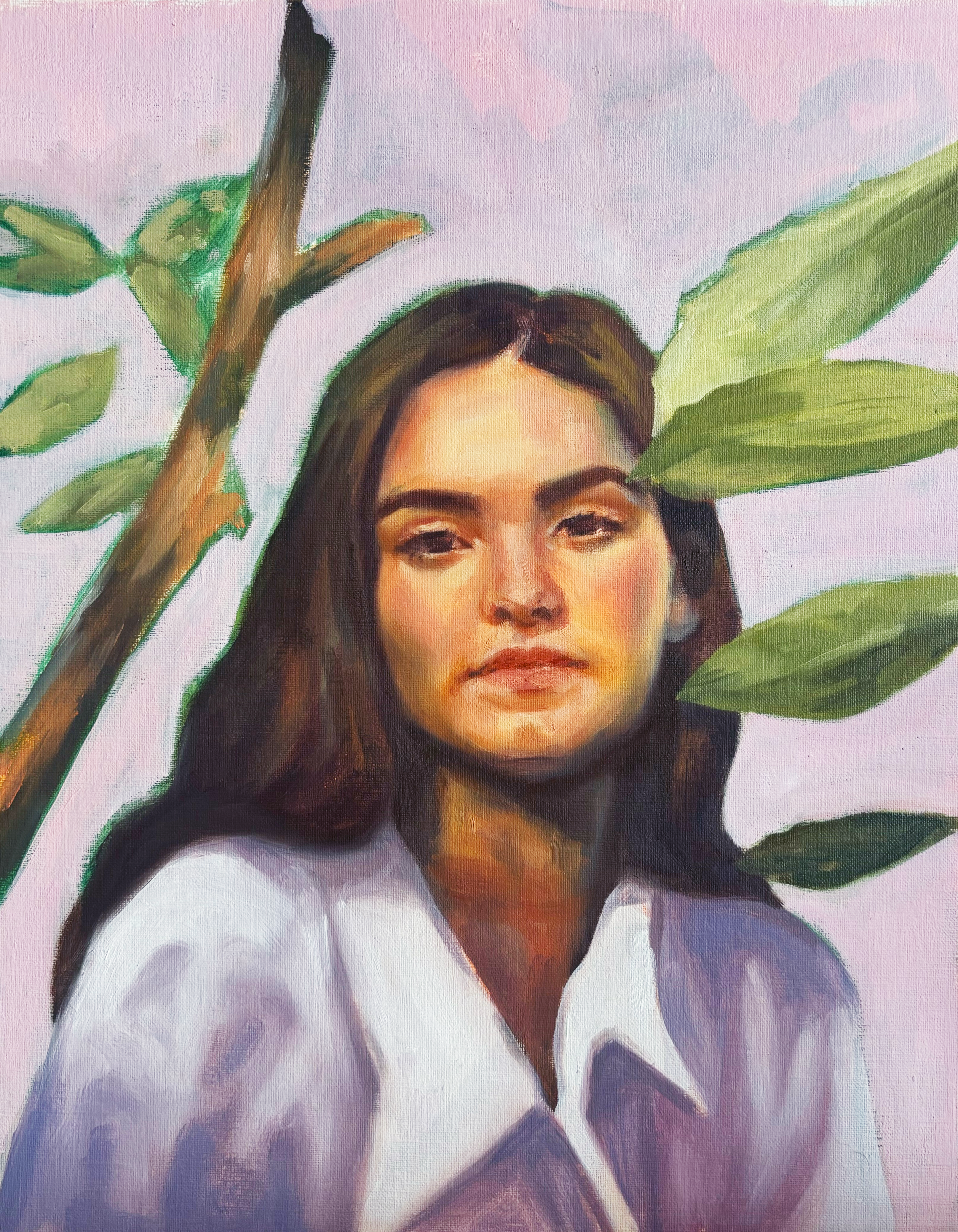 Oil portrait of June among green leaves, by Paloma Ahuja Cue