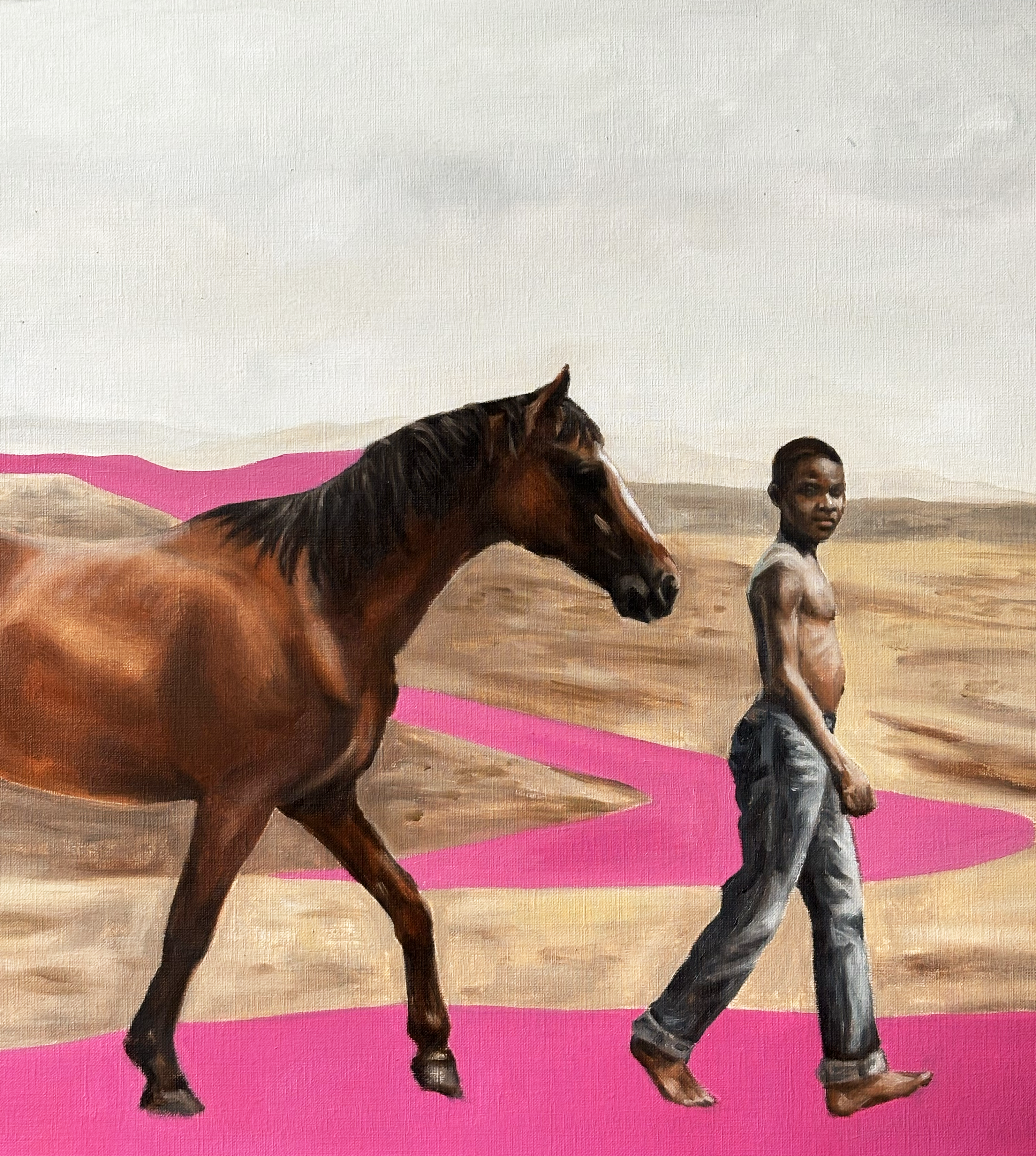 Oil painting of a boy walking through a colourful field, by Paloma Ahuja Cue