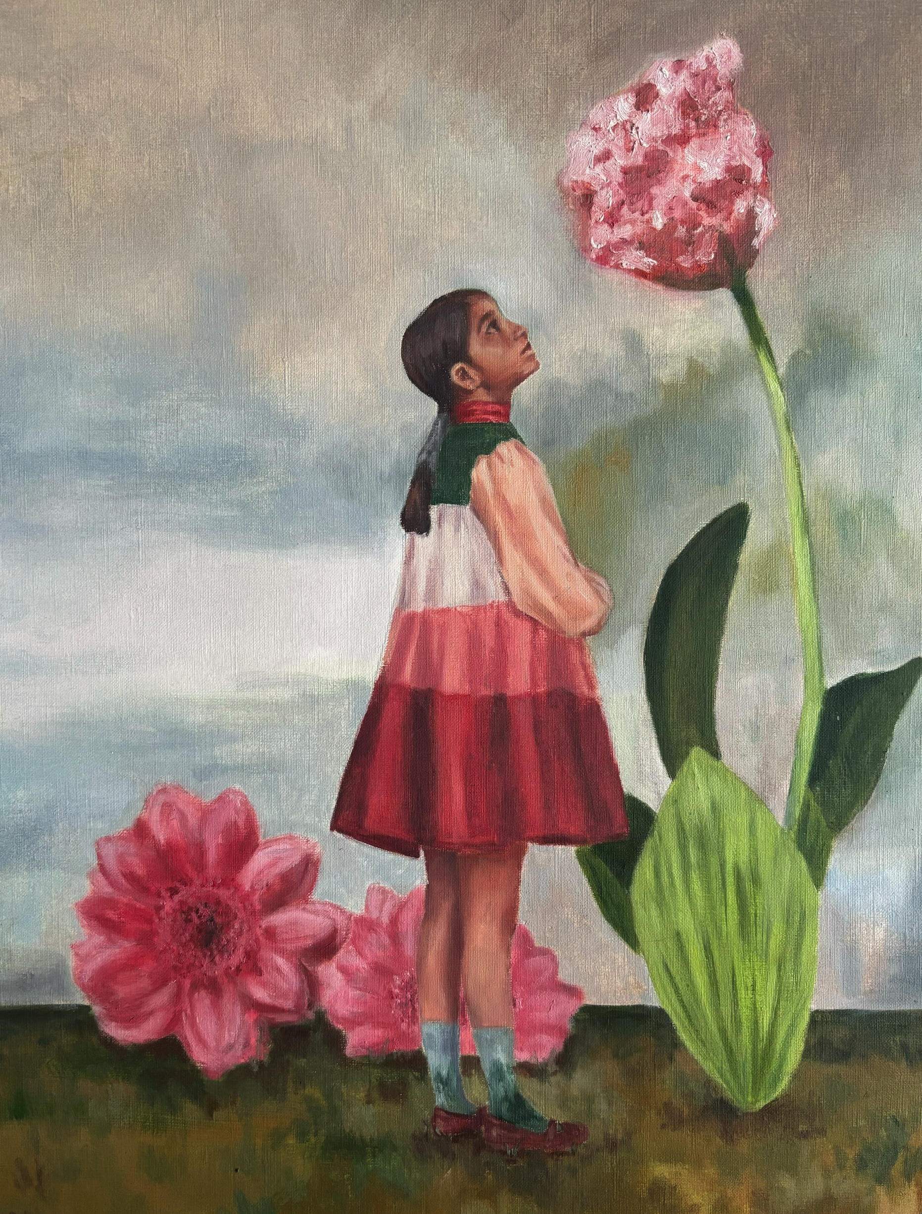 Oil portrait of a young boy in a surreal landscape, by Paloma Ahuja Cue