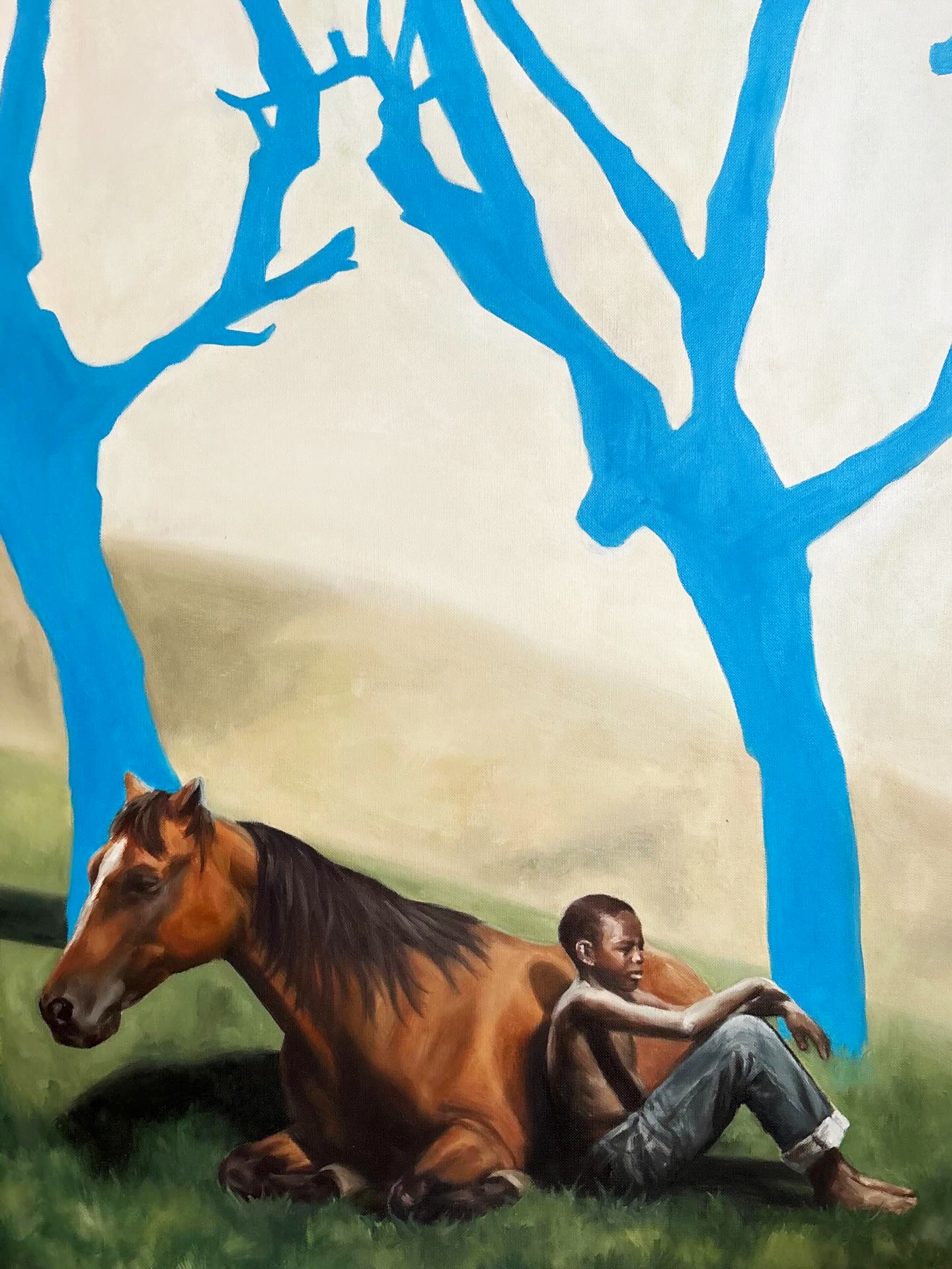 Oil painting of a resting horse and figure beneath blue trees, by Paloma Ahuja Cue